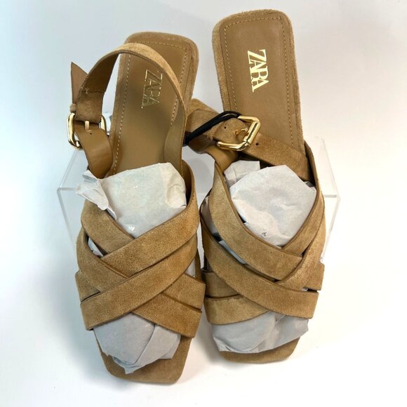 Zara Womens Tan Suede Fisherman Crisscross Flat Sandals Square Toe Size 39 US8 - Picture 7 of 7